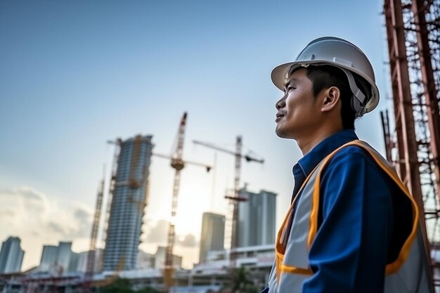 ingénieur asiatique intelligent directeur avec uniforme de sécurité vérification du site de construction avec de l'acier