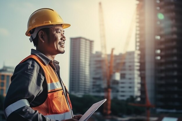 ingénieur asiatique intelligent directeur avec uniforme de sécurité vérification du site de construction avec de l'acier