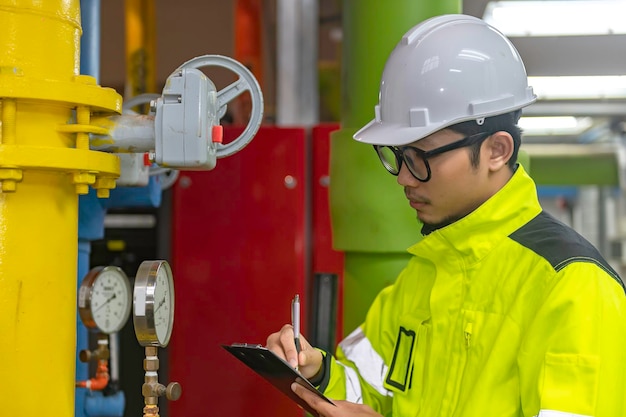 Ingénieur asiatique portant des lunettes travaillant dans la chaufferiemaintenance vérifiant les données techniques de l'équipement du système de chauffageThaïlandais