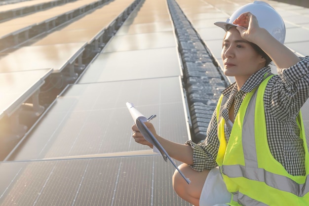 Ingénieur asiatique travaillant à la ferme solaire flottanteÉnergie renouvelableTechnicien et investisseur panneaux solaires vérifiant les panneaux à l'installation d'énergie solaire