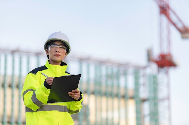 Ingénieur asiatique travaillant sur le site d'un grand projet de constructionThaïlandaisFaire des heures supplémentaires sur le chantier de construction