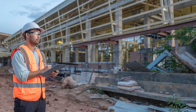 Photo un ingénieur asiatique travaille sur le chantier d'un grand projet de construction.