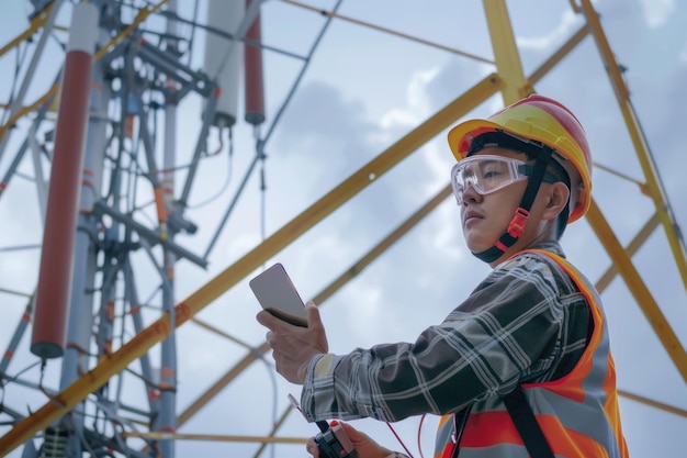 Un ingénieur asiatique utilise un smartphone près d'une tour de télécommunication