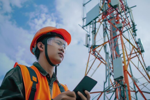 Un ingénieur asiatique utilise un smartphone près d'une tour de télécommunication