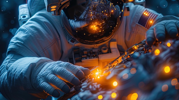 Un ingénieur astronaute effectuant une maintenance sur une station spatiale39s extérieur ses mains gantées deftl