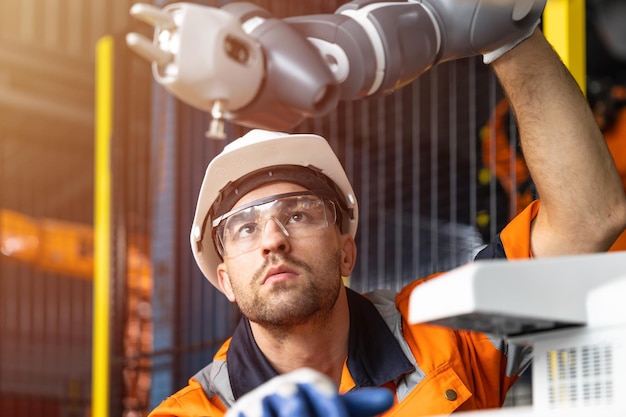 Ingénieur en automatisation Contrôle de service Bras robotique Nouvelle ère de la machine moderne Concept de l'industrie de fabrication automatique