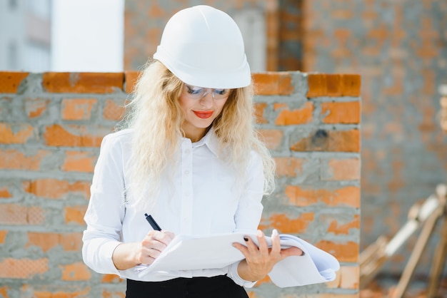 Ingénieur en bâtiment. Fille avec documentation de construction