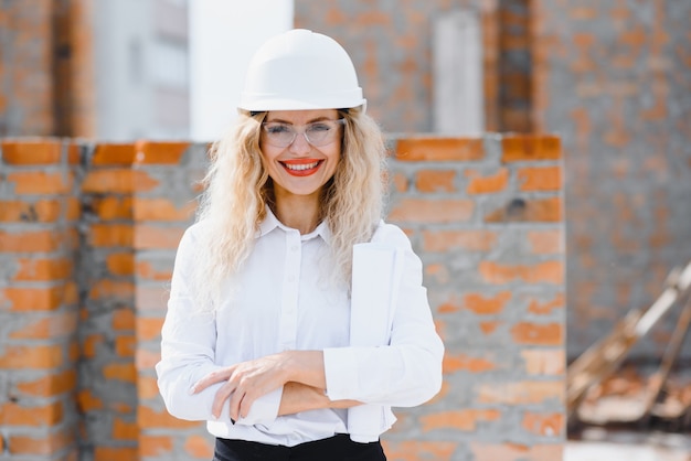 Ingénieur en bâtiment. Fille avec documentation de construction