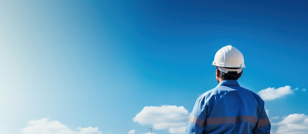 ingénieur avec casque et chiffon de sécurité se dresse contre le ciel bleu