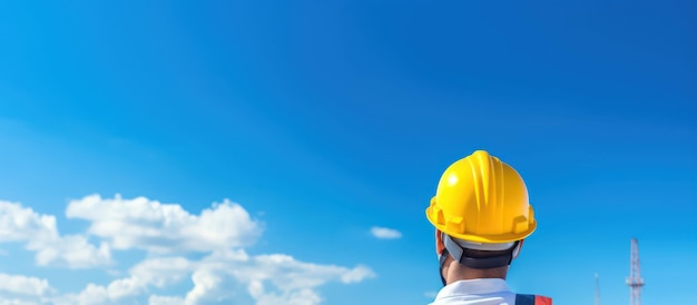 ingénieur avec casque et chiffon de sécurité se dresse contre le ciel bleu