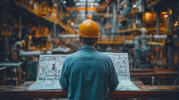 Ingénieur avec un casque de sécurité vérifiant des plans complexes lors de l'IA générative de fabrication industrielle