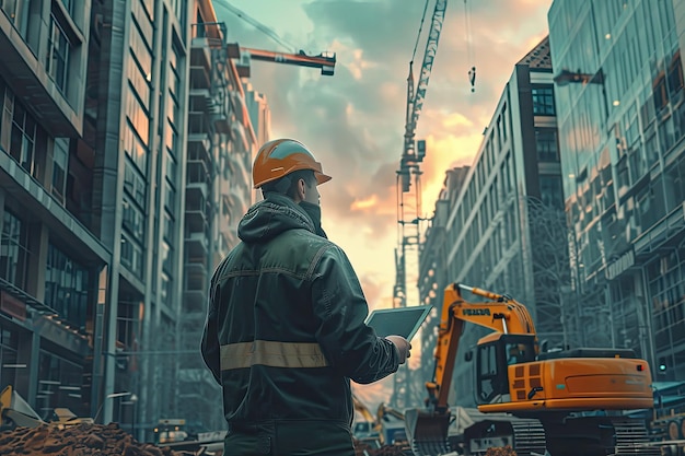 un ingénieur en casque avec une tablette numérique se tient à côté des excavatrices de construction