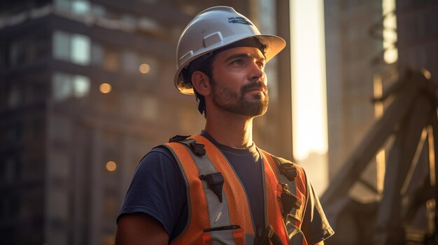 Photo ingénieur sur le chantier d'un gratte-ciel bâtisseur de gratta-ciel à la lumière du soir