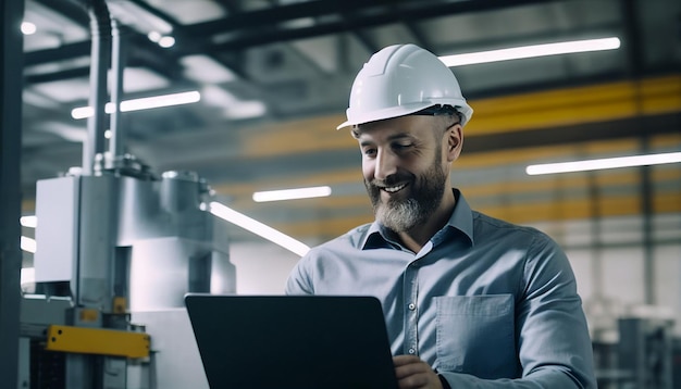 Ingénieur en chef souriant tout en portant un casque de sécurité ordinateur portable mobile Homme réussi et attrayant dans un contexte d'entreprise moderne Generative AI