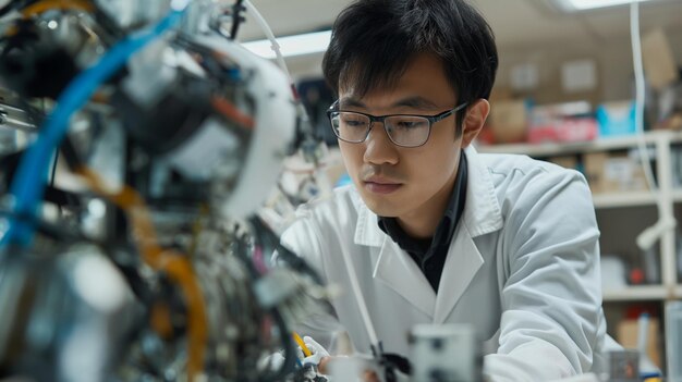 Un ingénieur en chemise de laboratoire travaille sur une machine dans un laboratoire scientifique.