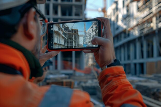Ingénieur civil ou architecte avec un casque utilisant un smartphone pour prendre des photos sur un chantier de construction