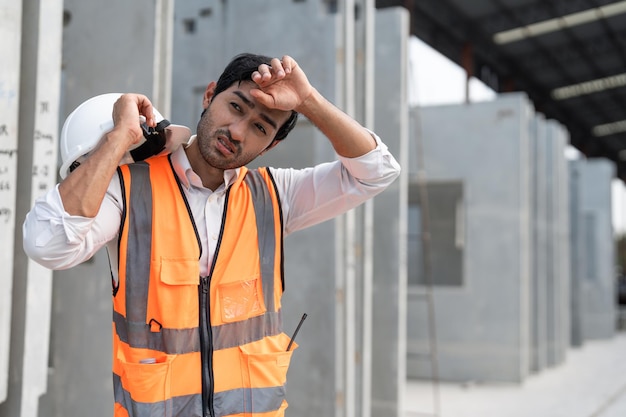 Un ingénieur civil asiatique se sent fatigué de travailler à l'extérieur sur un chantier de construction.