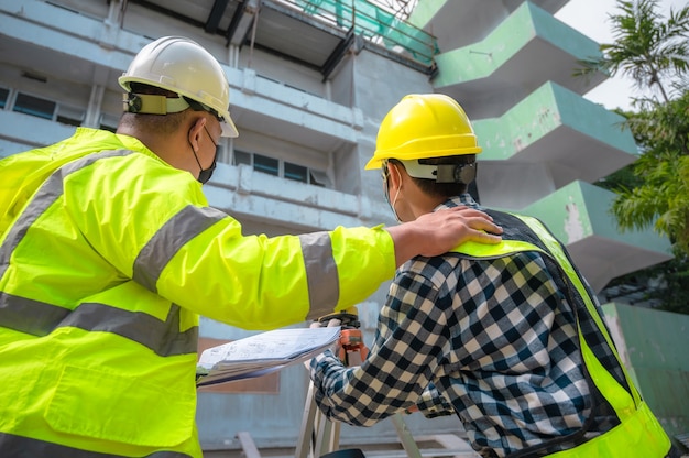 L'ingénieur civil de l'équipe d'enquête travaille à l'aide d'un télescope d'enquête sur le chantier de construction. Utilisation d'un télescope d'arpentage pour les travaux de construction sur les chantiers de construction. Ingénieur civil à l'aide d'un télescope à l'enquête.