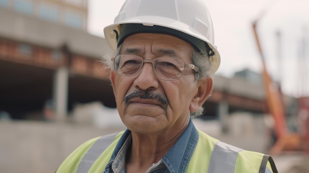 Ingénieur civil hispanique senior masculin avec visage déterminé sur le site de construction Generative AI AIG21