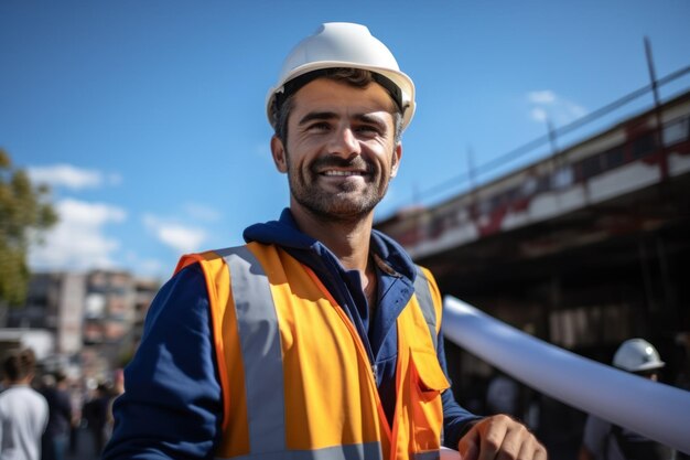 Ingénieur civil hispanique souriant avec Construction