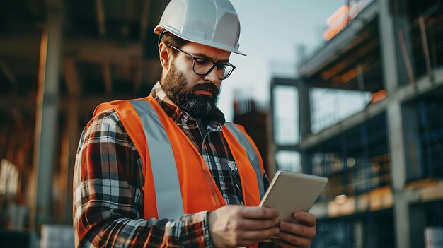 Ingénieur civil portant un casque et un gilet de sécurité utilisant une tablette numérique lors de l'inspection du chantier de construction