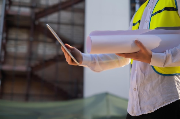 L'ingénieur civil utilisant une tablette planifiant un projet construit une structure moderne