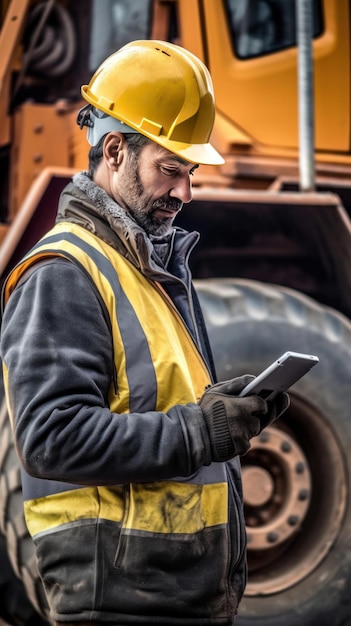 Photo ingénieur civil utilisant une tablette travaillant sur des machines lourdes de construction