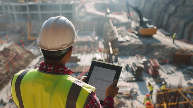 Photo ingénieur civil vérifiant le plan alors qu'il se tient sur un chantier de construction