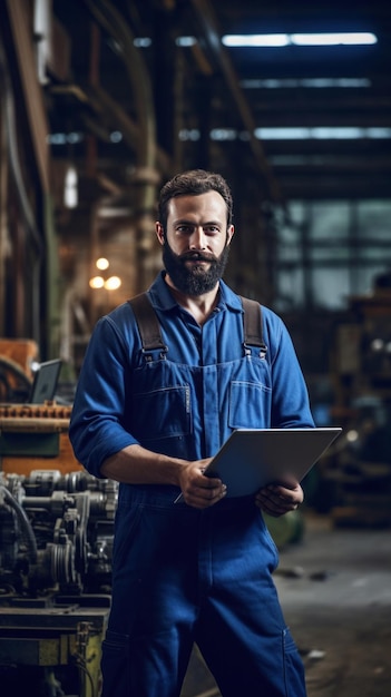 Photo un ingénieur confiant en combinaison bleue tenant un ordinateur portable dans une usine d'acier