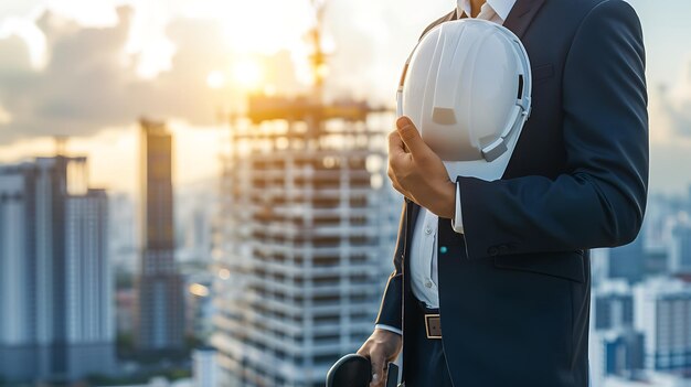 Photo ingénieur confiant portant un casque et tenant des plans alors qu'il se tient sur un chantier de construction avec un coucher de soleil en arrière-plan