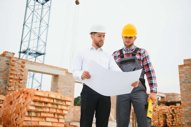 Ingénieur et constructeur en casques discutant du plan sur le chantier de construction