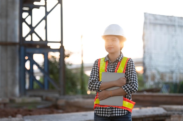 Ingénieur en construction architecte asiatique avec tablette sur le chantier de construction de l'autoroute jeune femme regardant le chantier de construction de l'autoroute