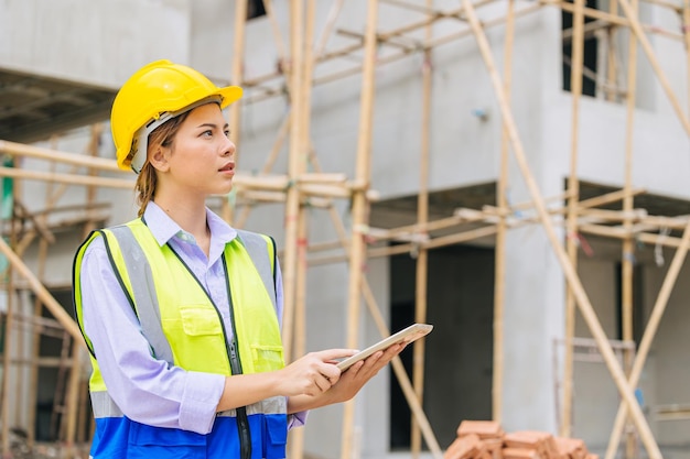 Ingénieur Construction Builder femme travailleuse confiante travaillant dans la construction à la recherche d'un projet de construction de maison