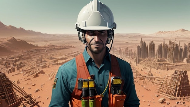 Ingénieur en construction dans un Mars futuriste