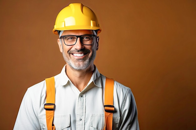 L'ingénieur de la construction joyeux, l'homme aux lunettes, a un sourire blanc comme la neige.