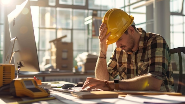 Ingénieur en construction malheureux stress de l'échec du projet de construction au bureau