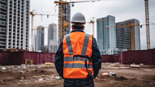 un ingénieur en construction portant un PPE complet se tenant debout en regardant le chantier de construction