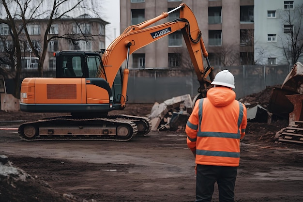 Photo ingénieur de la construction supervisant les travaux sur le chantier un réseau neuronal généré par l'ia