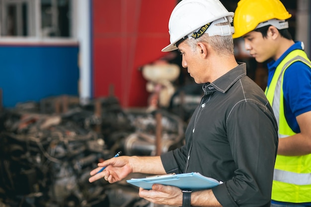 Ingénieur contremaître directeur travaillant vérifier le stock avec un jeune ouvrier masculin