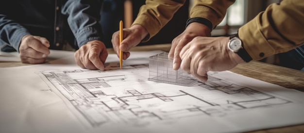 Photo un ingénieur et un contremaître montrent des dessins de construction sur une table.