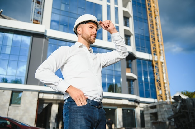 Ingénieur à côté de la construction de grues. Concept - grand projet de construction. L'architecte dirige le processus de construction. Dessins et tablette dans les mains.