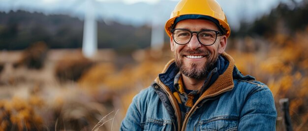 Ingénieur à côté du parc éolien et des poteaux électriques