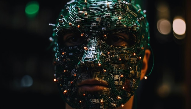 Photo ingénieur cyborg futuriste sombre illuminé par un équipement d'éclairage brillant à l'extérieur généré par l'intelligence artificielle