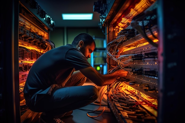 Un ingénieur dans les câbles de connexion de la salle des serveurs du centre de données Generative Ai