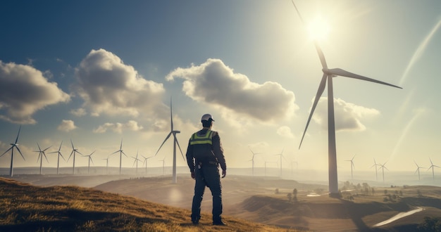 Un ingénieur debout au sommet d’une éolienne