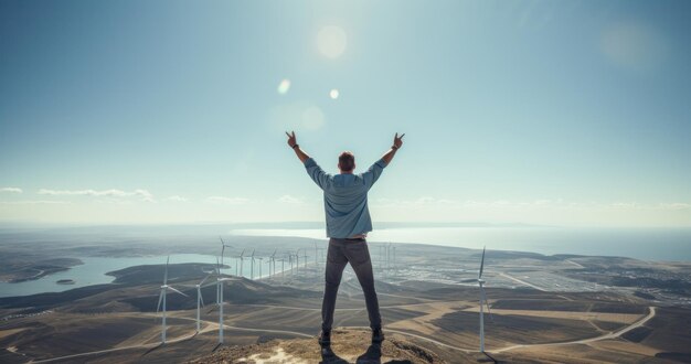 Un ingénieur debout au sommet d’une éolienne