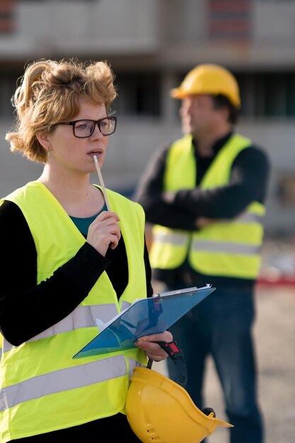 Ingénieur debout avec un bloc-notes sur un chantier de construction