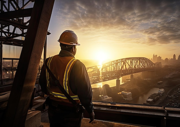 Un ingénieur debout sur un chantier de construction surplombant un pont massif en construction.