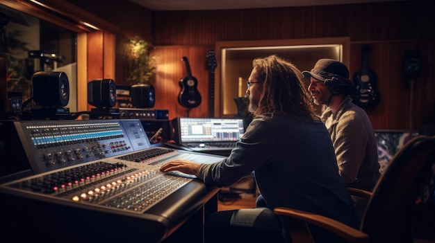 Ingénieur du son portant des écouteurs et musicien enregistrant une chanson dans le studio d'enregistrement de boutique