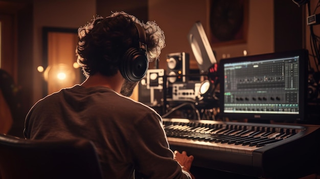 Photo ingénieur du son portant des écouteurs et musicien enregistrant une chanson dans le studio d'enregistrement de boutique